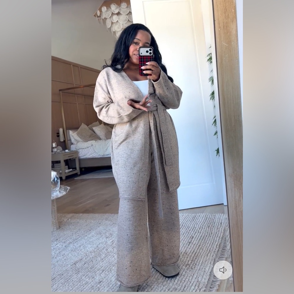 Vici Speckled Taupe Knit Belted Cardigan & Wide Leg Set